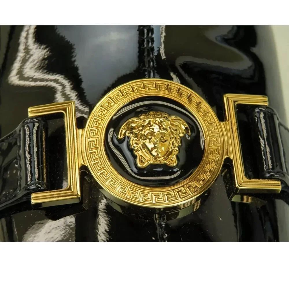 VERSACE BLACK PATENT LEATHER GOLD MEDUSA MEDALLION ZIP HEEL ANKLE BOOTS 36 - Picture 3 of 10
